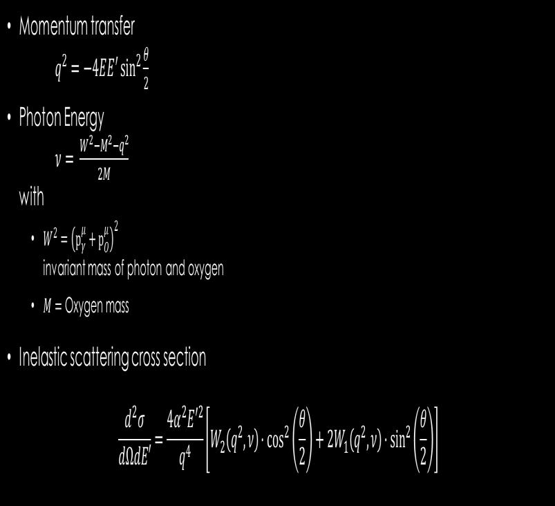 Kinematik Momentum transfer q 2 = 4EE sin 2 θ 2 Photon Energy ν = W2 M 2 q 2 with 2M W 2 = p γ μ + p O μ 2 invariant mass of photon