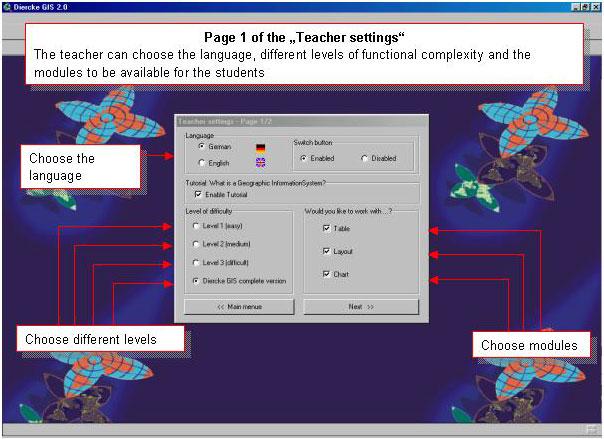 Figure 1: Page 1 of the "Teacher settings" Diercke GIS comes with various data packages with different themes (UN Development Index (HDI-GDI), European Union, Germany, Ruhr-area).