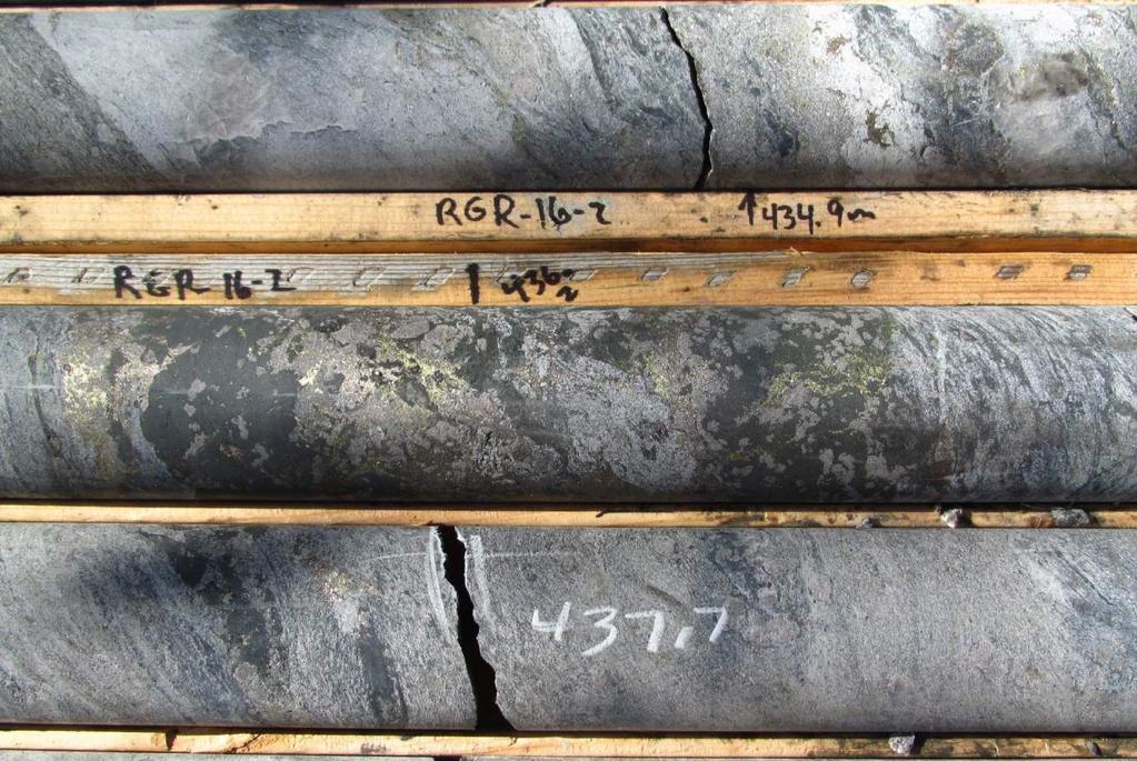 ROMIOS GOLD RESOURCES INC. LUNDMARK-AKOW LAKE PROJECT Something unexpected 3 metres of Tourmalinite-rich sericite schists with Tour-Chalcopyrite Veins DDH RGR16-2, @ 436m. 1.3% Cu, 0.
