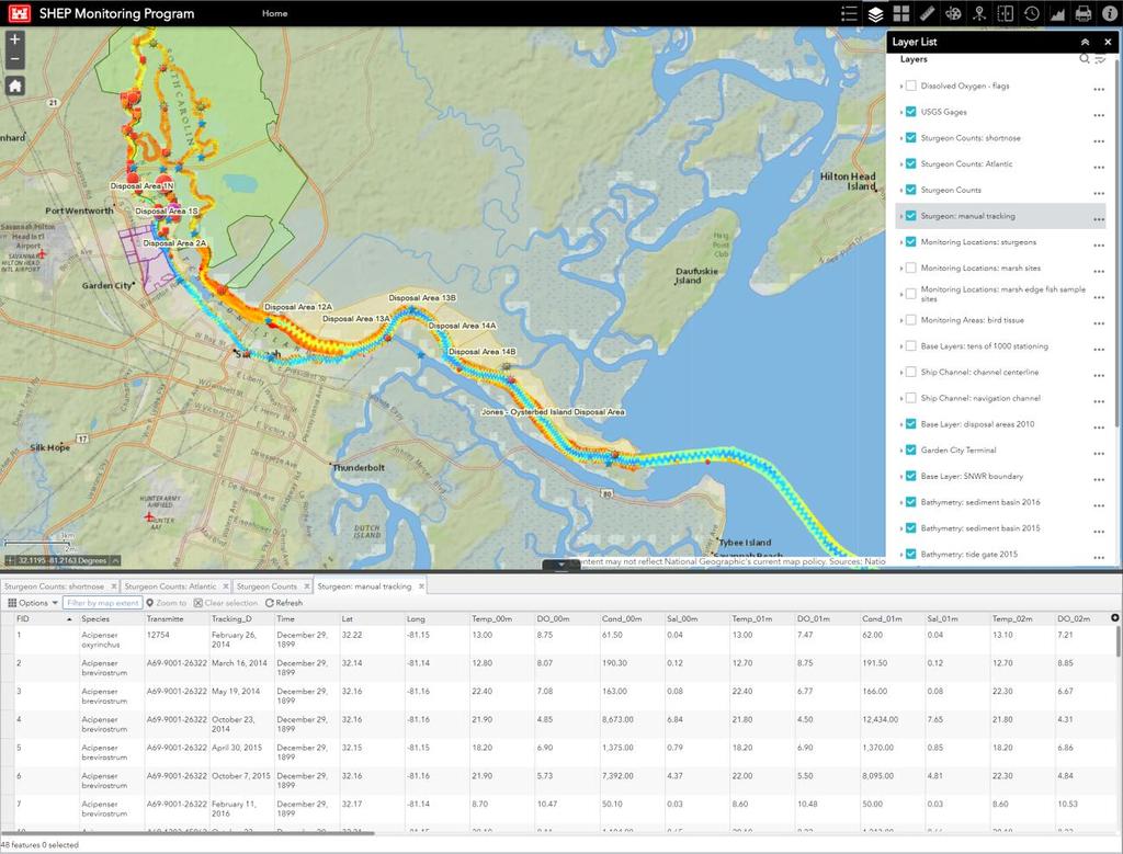 Figure 1: Layout for the SHEP Monitoring Program map portal, including multiple screen elements, multi-function toolbar and pane showing attributes for selected sturgeon dataset.