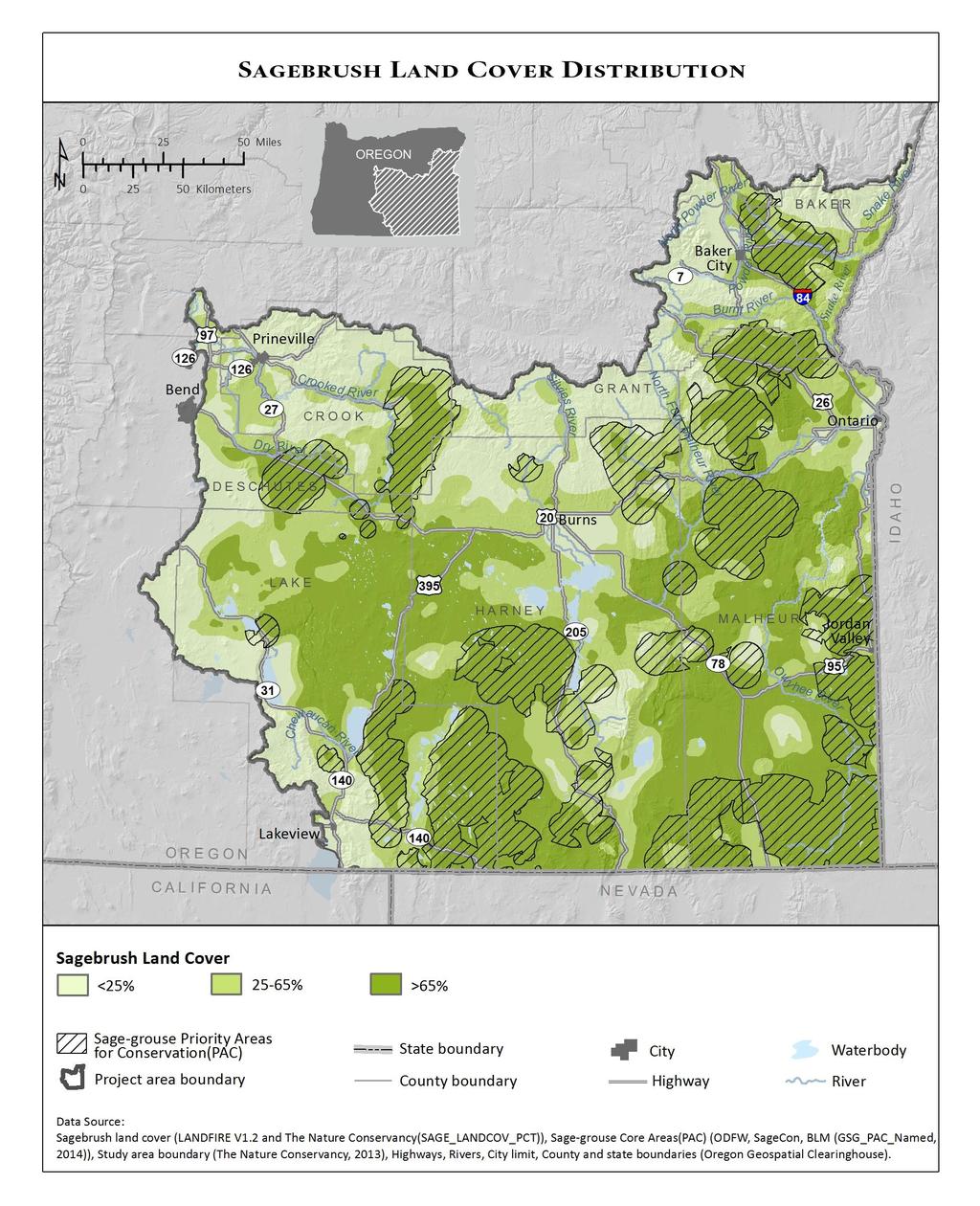 How much sagebrush is present in priority areas (PACs)