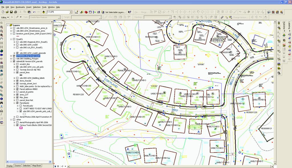 Example of Mapping Maintenance Utilizing GIS desktop software ESRI ArcInfo with CAD plan data, CAD geometery is pulled into