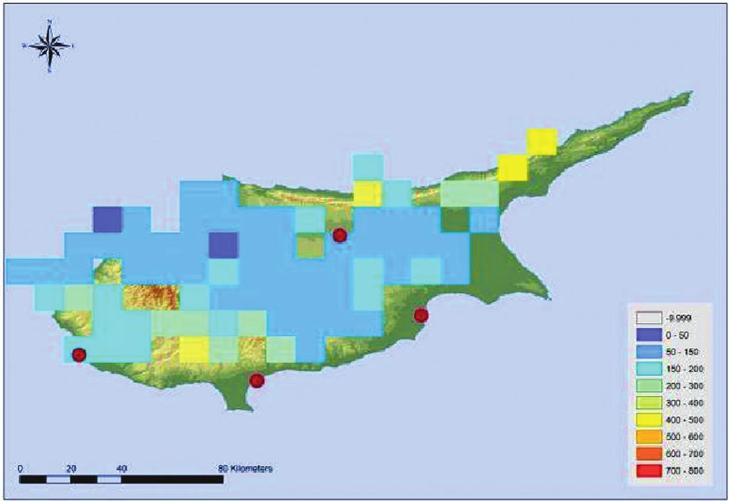 Figure 6: MODIS Aerosol Optical Thickness over Cyprus (18-02-2011) (value scale 0.01).