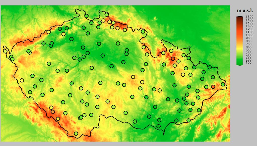 Figure 1 Topography of Czechia and location of the 125 stations used for