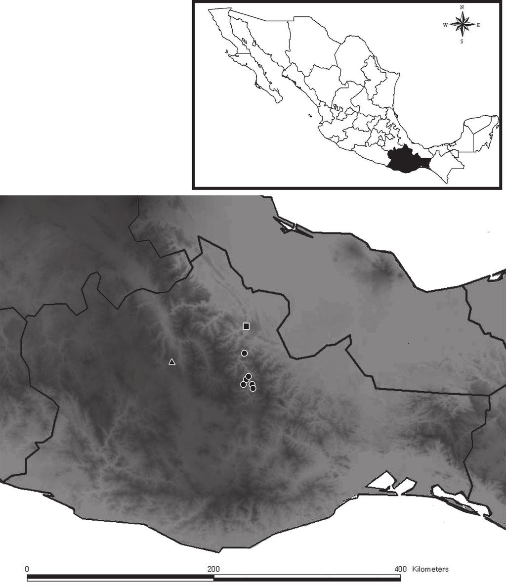 A new species of the genus Diplocentrus Peters, 1861 (Scorpiones, Diplocentridae)... 113 Figure 6. Diplocentrus franckei sp. n., known records in Oaxaca (in circles).