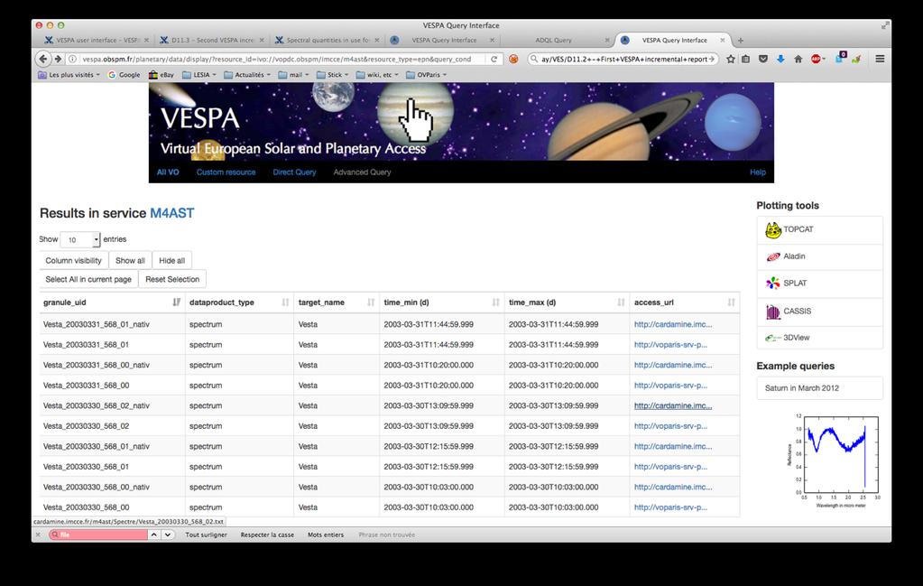 Spectral comparisons from different services In VESPA, ask for spectra of asteroid Vesta and look in M4ast result page: Use "target_name = vesta" &