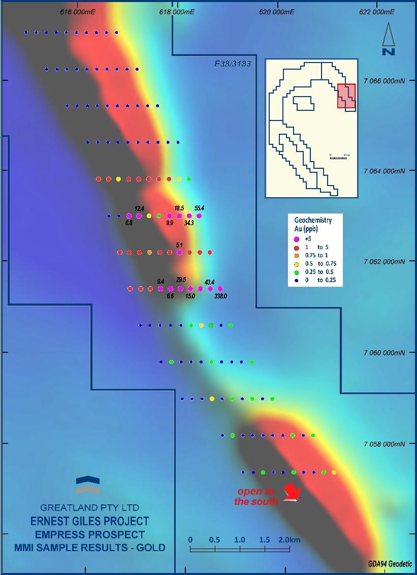 Empress Target Located 50km north east of Meadows Set on a major structural feature terminating the eastern portion of the greenstone sequence with cross-cutting structures Trial MMI geochemistry was