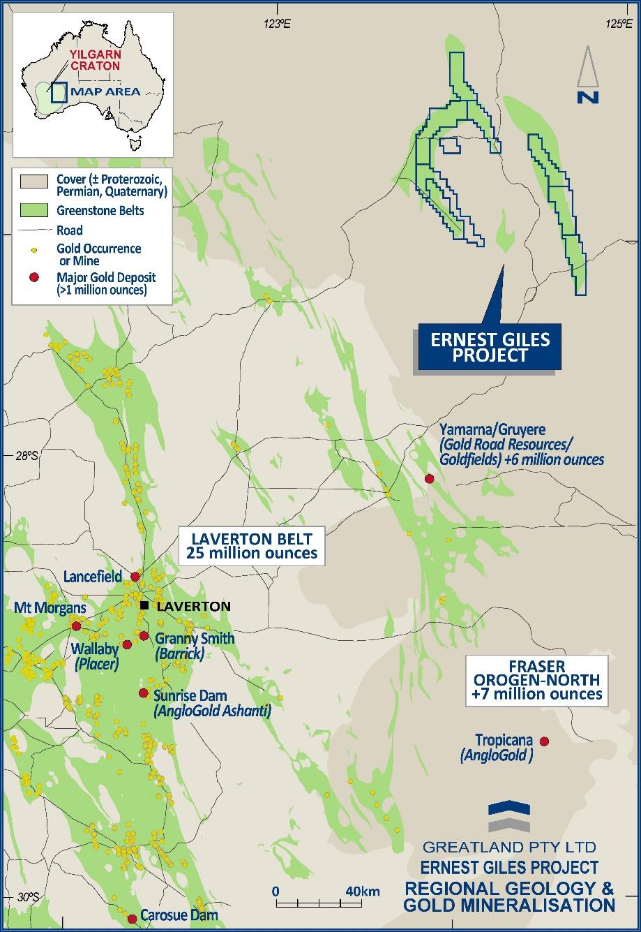 Ernest Giles covers an entire unexplored greenstone belt located 250 km north east of Laverton The project area covers an entire arcuate shaped greenstone sequence for over 100km of strike The