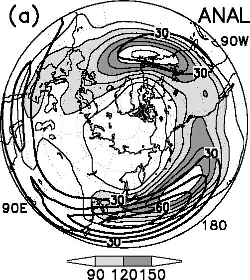 Major storm tracks are seen over both the north Pacific and the north Atlantic, and they are located downstream and north of the two jet streams.