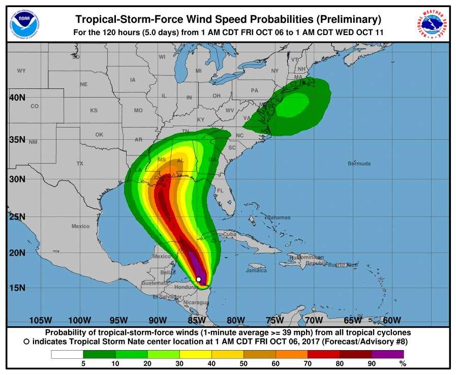 Wind Speed Probabilities The probability of sustained tropical storm force winds continues to increase across southeast LA and south MS.