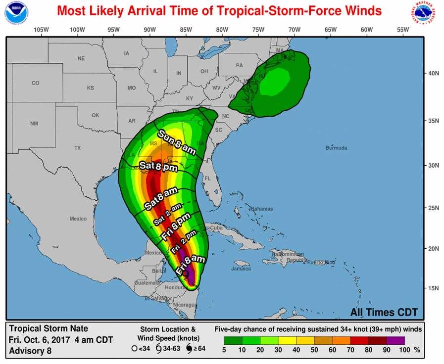 Most Likely Time of Arrival The earliest reasonable time of arrival of Tropical Storm force winds is Saturday morning for the coastal waters and Saturday