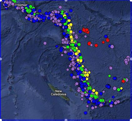 This map shows locations of the 1000 most recent earthquakes along the New Hebrides Trench where the Australian subducts