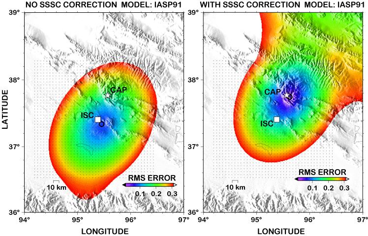 Figure 5. Direct grid search relocations of the 1991/09/02 (Julian Day 245 in Table 1; Figure 1) GT calibration earthquakes with and without SSSC.