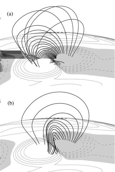 Initiation of CMEs 5 Fig. 2. Effect of the twist parameter β on the shape of a 3D magnetic bipole with (a) β = 0.2 and (b) β = 0.6.