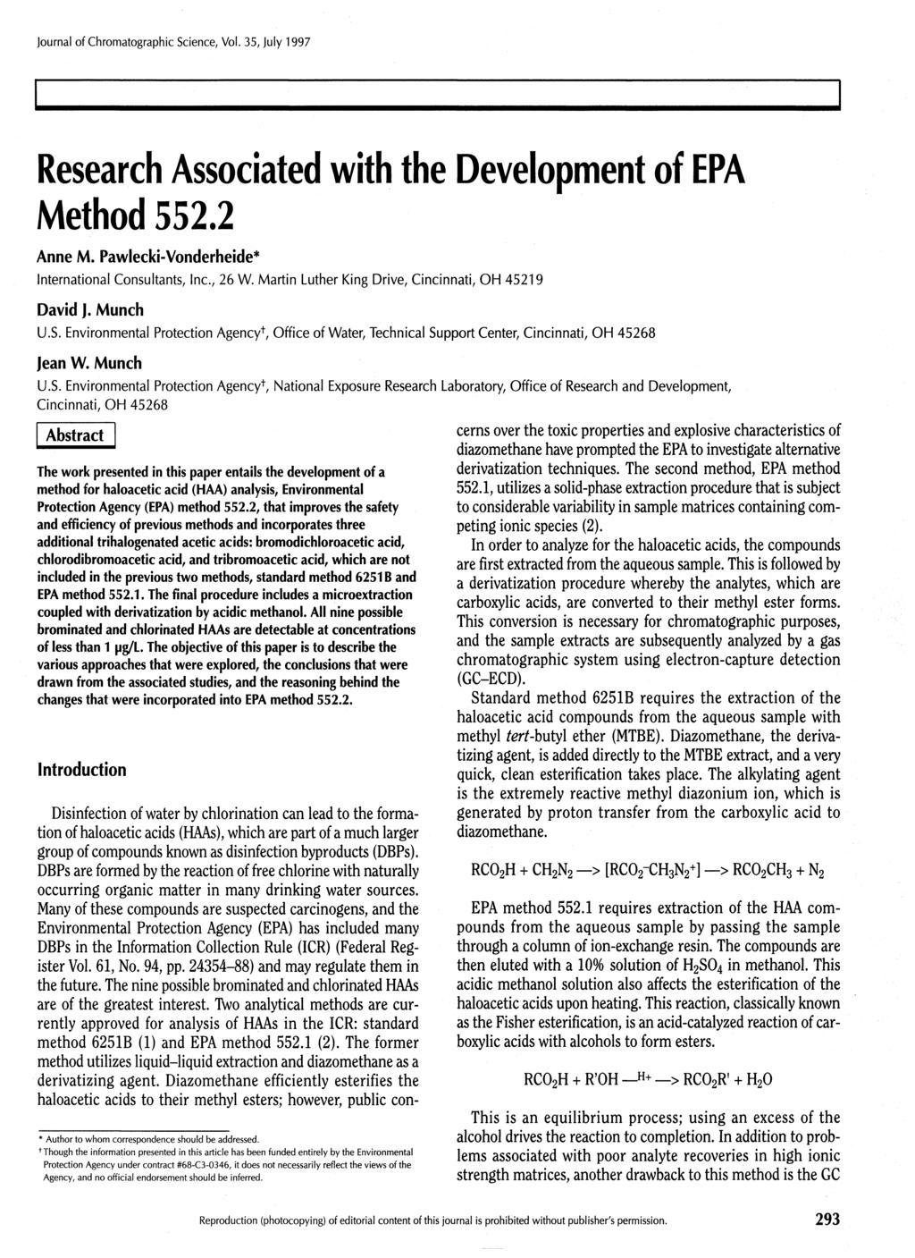 Research Associated with the Development of EPA Method 552.