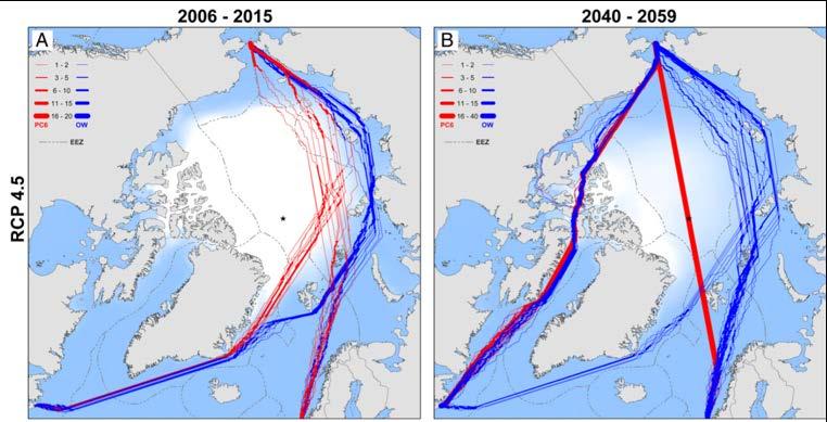 ATAM-derived optimal September navigation routes for hypothetical ships seeking to cross the Arctic Ocean between the North Atlantic (Rotterdam, The Netherlands and St.