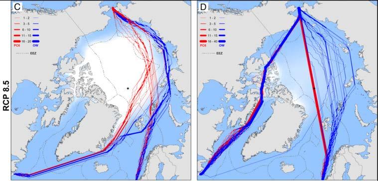 ATAM-derived optimal September navigation routes for hypothetical ships seeking to cross the Arctic Ocean between the North Atlantic (Rotterdam, The Netherlands and St.