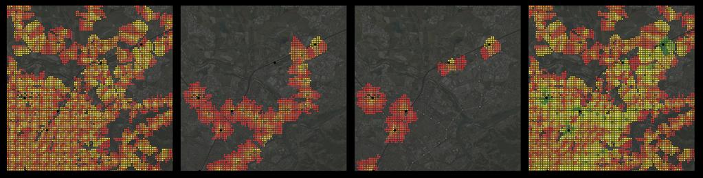 Figure 2 Accessibility on the Northern Turin area visualized through a Green-Yellow-Red Gradient Map.