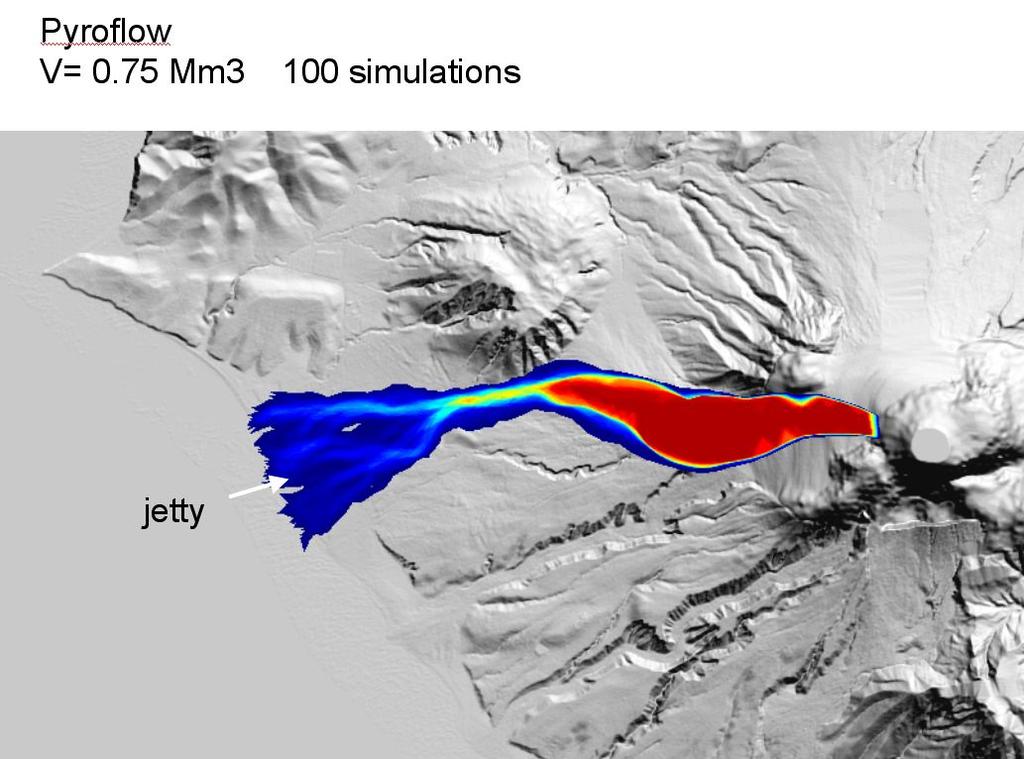 Fig.3 Pyroflow simulation of the extent of pyroclastic flows flowing towards Plymouth caused by a volume of 0.75 million cubic metres collapsing to the west from the lava dome.