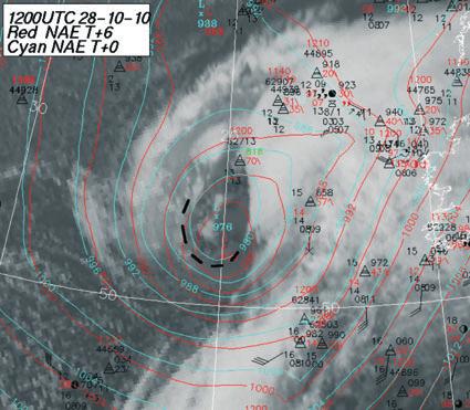 MSG infra red satellite imagery with NAE fields and marine observations superimposed, all valid at 1200 UTC on 29 October 2010.