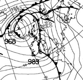Dashed black line denotes the axis of the hook-shaped cloud feature which usually accompanies the strongest pressure gradients in the rear quadrant of the depression.