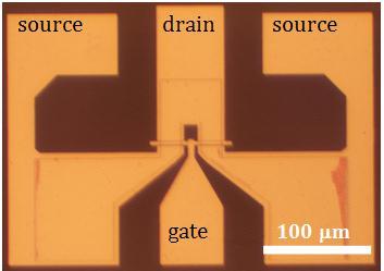 S graphene L SD L G G oxide D V D R TOTAL = R C + R A + R CH + R A + R C SiC Figure 2.6: (top) Optical image of a typical top-gated epitaxial graphene FET on SiC substrate.