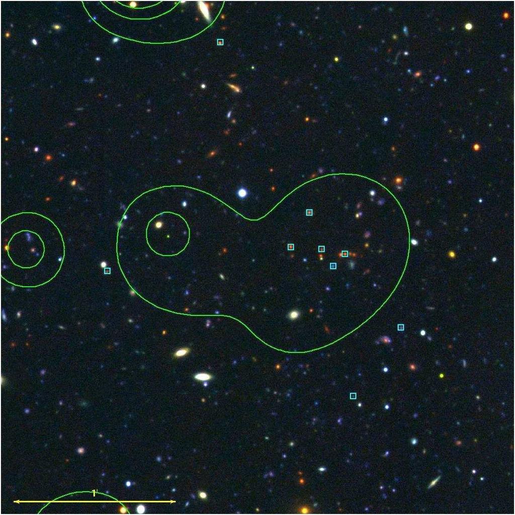 The intensity scale is logarithmic (counts/pixel/second, not corrected for vignetting). Boxes indicate cluster members for which we obtained a redshift using LDSS at the Magellan telescope. Figure 6.