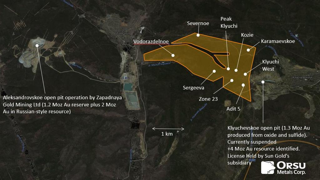 Figure 1. An outline of the 7.6 sq km Sergeevskoe license area with location of principal gold prospects and two adjacent open pits. The 1,921.