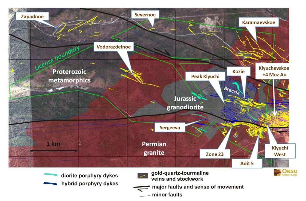 Figure 2. Principal geological features of the Sergeevskoe license area, constrained by historical and Orsu trench data.