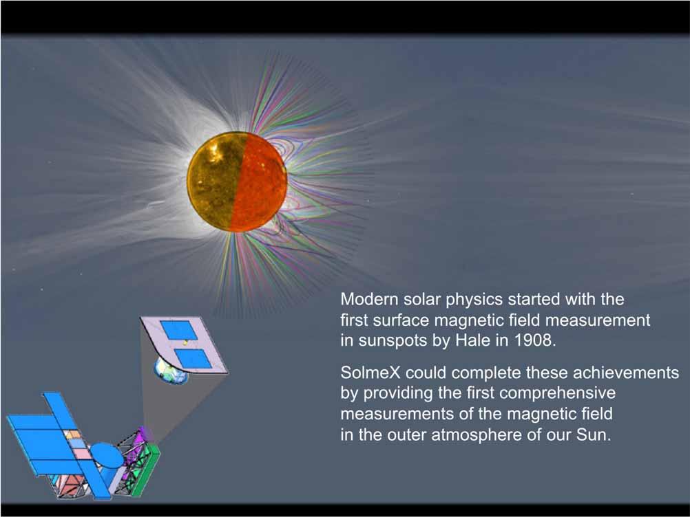Solar magnetism explorer (SolmeX) Modern solar physics started with the first surface magnetic field measurement in sunspots by Hale in 1908.