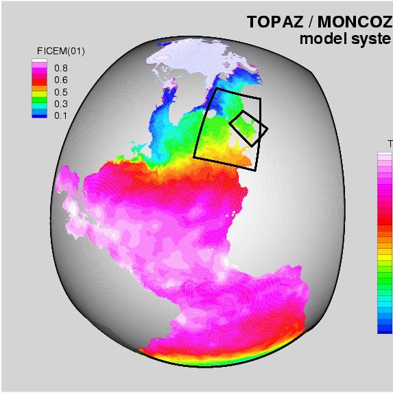 The TOPAZ model system TOPAZ: Atlantic and Arctic HYCOM v2.1.03 (http://www.hycom.org) EVP ice model coupled 18-35 km resolution -> 11 16 km 22 hybrid layers EnKF, (http://enkf.nersc.