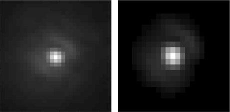 Fig. 8 Central pixels for FastCam image (left)of FK209 and the area used to recover the static aberration (right) where the Airy disc is visible spherical static aberration could not be recovered