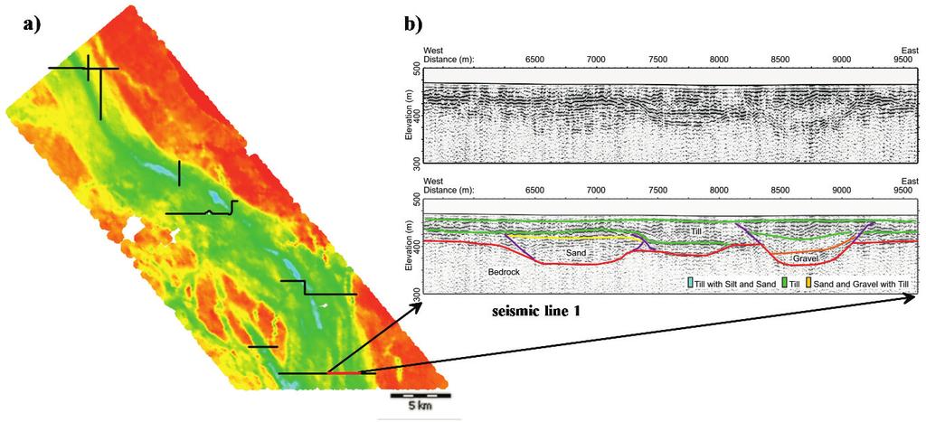 Fig. 2 - a) Locations of the seismic reflection surveys are illustrated on the 60 m depth slice of the SCI model. b) P- wave seismic line 1 used as a-priori information.