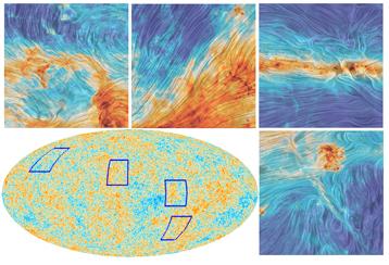 Temperature map of the relic radiation (bottom left), and close-ups showing, in relief, the polarisation of light in the 353 GHz channel (the colors correspond to the intensity of the thermal