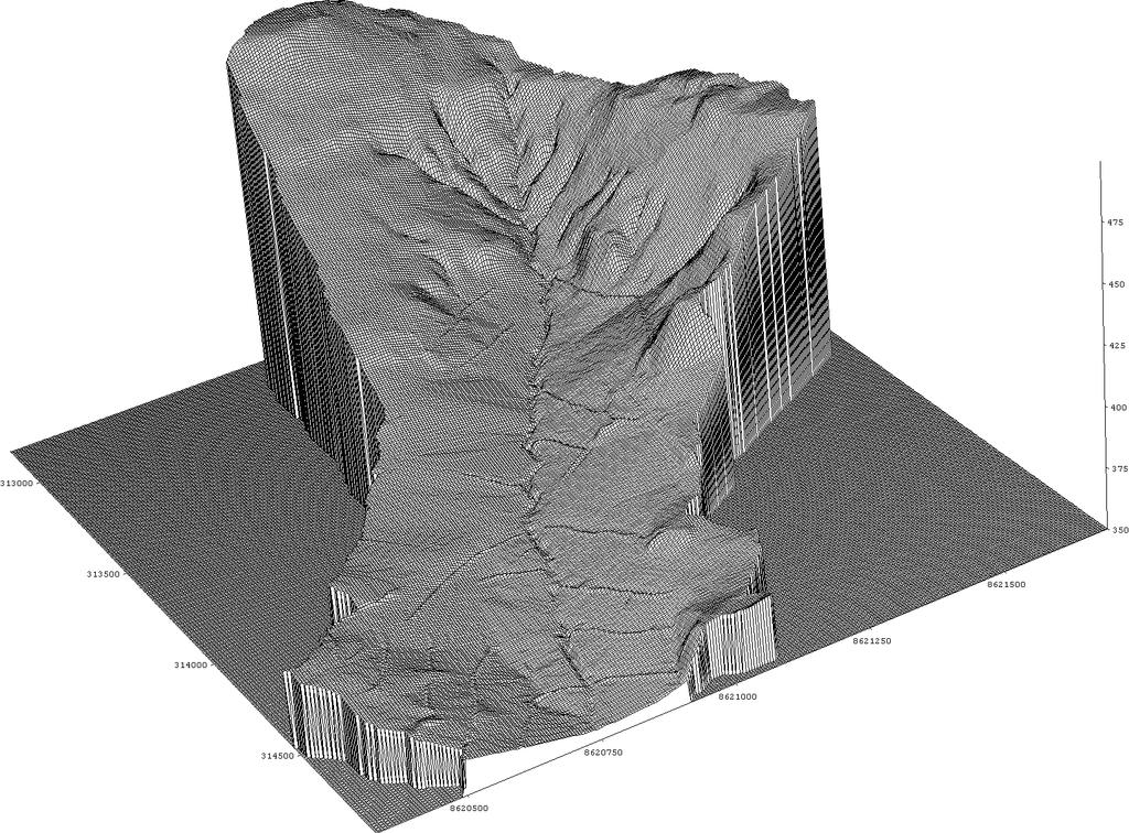Figure 2 Digital elevation model (5m by 5m grid size) of the Stanley catchment. White dotted line indicates the former channel. Dimensions are all metres. 3.