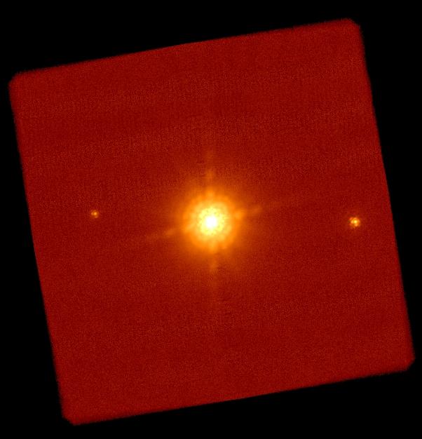 Figure 1: An ADI image of HAT-P-7 in H band taken with the Subaru HiCIAO on UT 2009 August 6. 2 candidates of faint stellar companions are clearly detected (Narita et al. 2010, to be submitted).