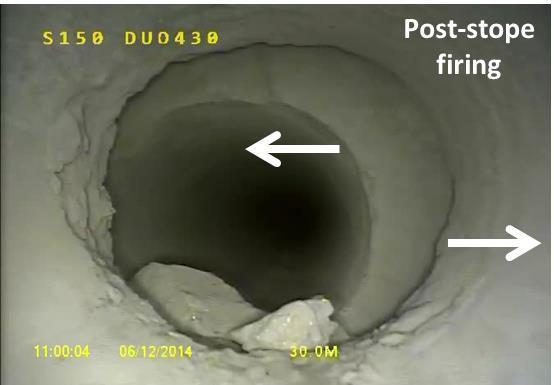 Figure 5 Image from borehole camera surveys of an observation hole showing pre-stoping condition and shear movement along a pre-existing structure post stoping 7 Hanging wall response to mining