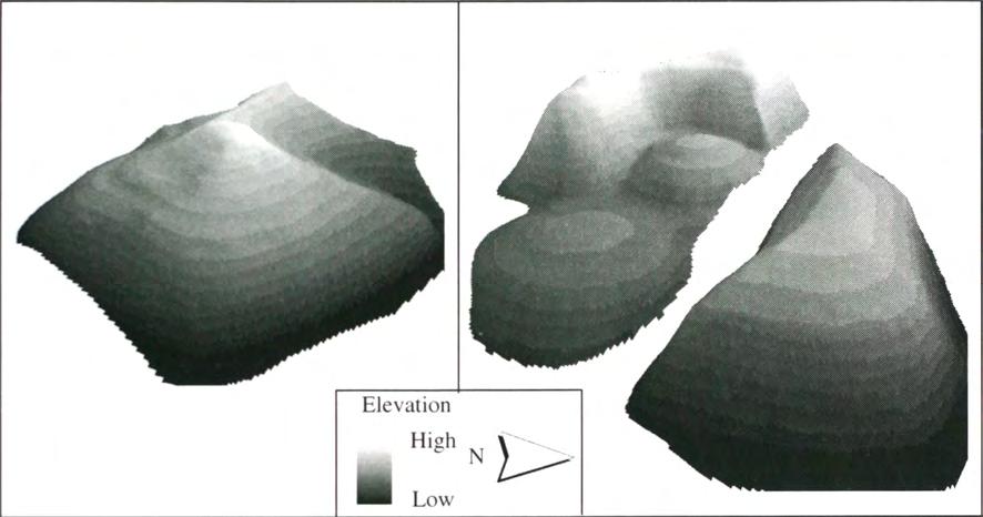Figure 7.2: Three dimensional profiles of the original concept and amended layout landform designs as interpreted from the Jabiluka PER for this study. Table 7.