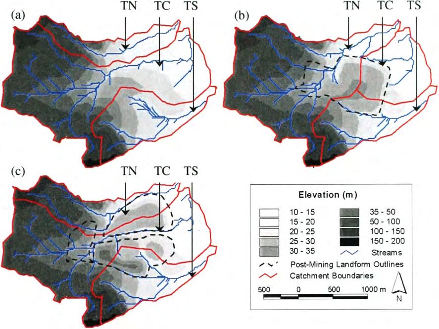 Figure 8.2: The MA catchment, showing the elevation, drainage network and catchment boundary characteristics associated with the (a) pre-mining, (b) OC and (c) AL catchment conditions.