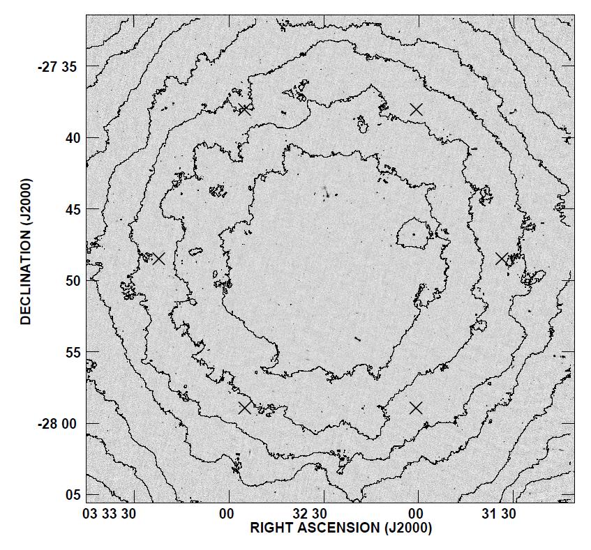 Chapter 2. Data Analysis of CDFS 34 FIG. 2.4: Greyscale depiction of the DR2 mosaic image from Miller et al. (2013), with overlaid contours of constant RMS noise.