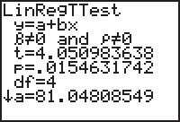 Section 11 4 Regression 489 The output screens are shown. To test the significance of b and : 1. Press STAT and move the cursor to TESTS. 2. Press E (ALPHA SIN) for LinRegTTest.
