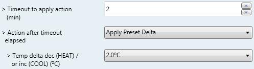 IntesisBx KNX Hisense Temp delta decrease (HEAT) r increase (COOL) (ºC) This parameter lets cnfigure the delta temperature (increase r decrease) that will be applied when the timeut has elapsed.