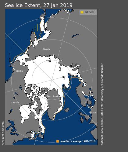 near Alaska will continue to help sea ice grow in the Chukchi and Bering seas in the near term. Figure 15. Observed Arctic sea ice extent on 27 January 2019 (white).
