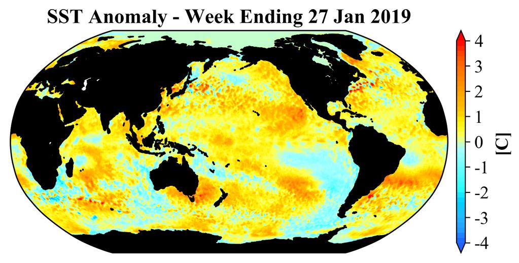 Figure 16. The latest weekly-mean global SST anomalies (ending 27 January 2019). Data from NOAA OI High-Resolution dataset. (Updated from https://www.ospo.noaa.