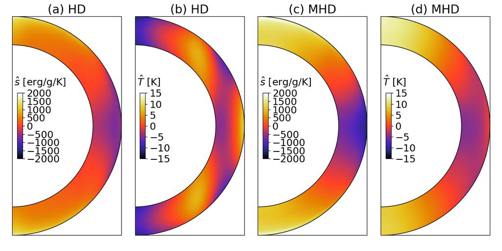 12 Fig. 4.. Latitudinal distributions of the entropy ŝ and the temperature ˆT are shown in the cases HD and MHD.