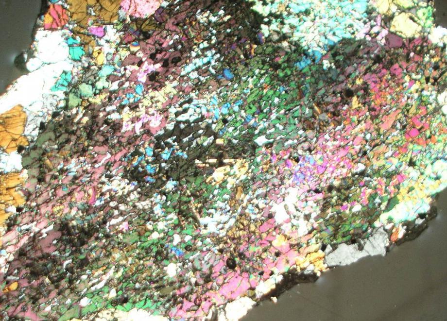 EA-11. Low-magnification (width: 10 mm) view of the olivine-rich enclave with partly crossed nicols.