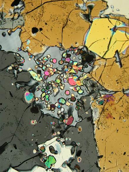 It is a portion of a larger optically continuous feldspar crystal (see additional outcrops below and to the left in the low-magnification image; a different feldspar, to the right of the fine olivine