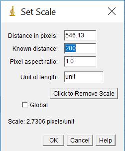 7. Remove any prior measurements by selecting Click to remove scale. 8. In the box labelled Known distance, enter in the value on the scale bar in your image.
