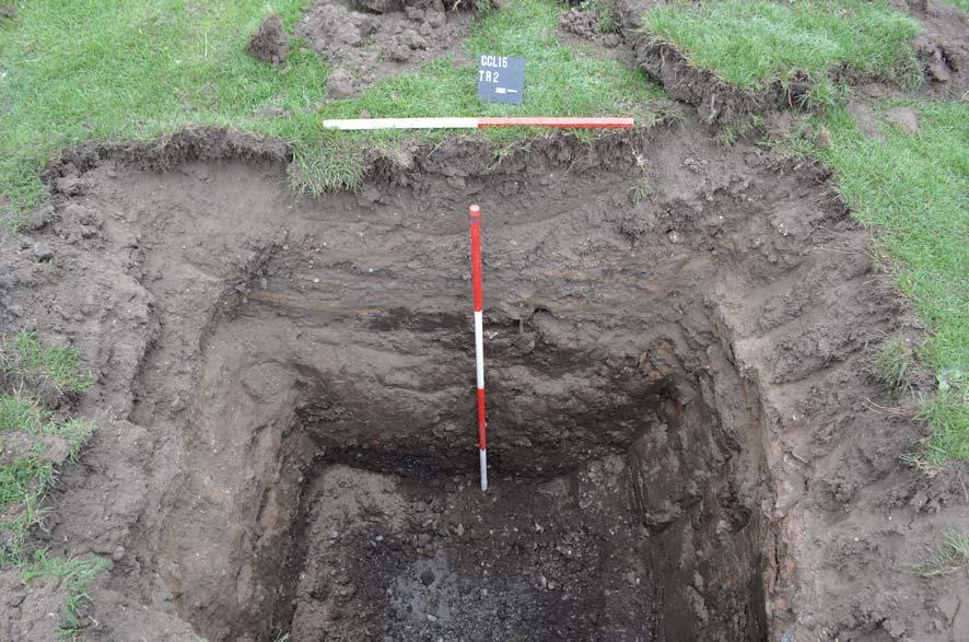 Plate 5. Trench 1 Test Pit, looking N, Scales: 2m and 1m.