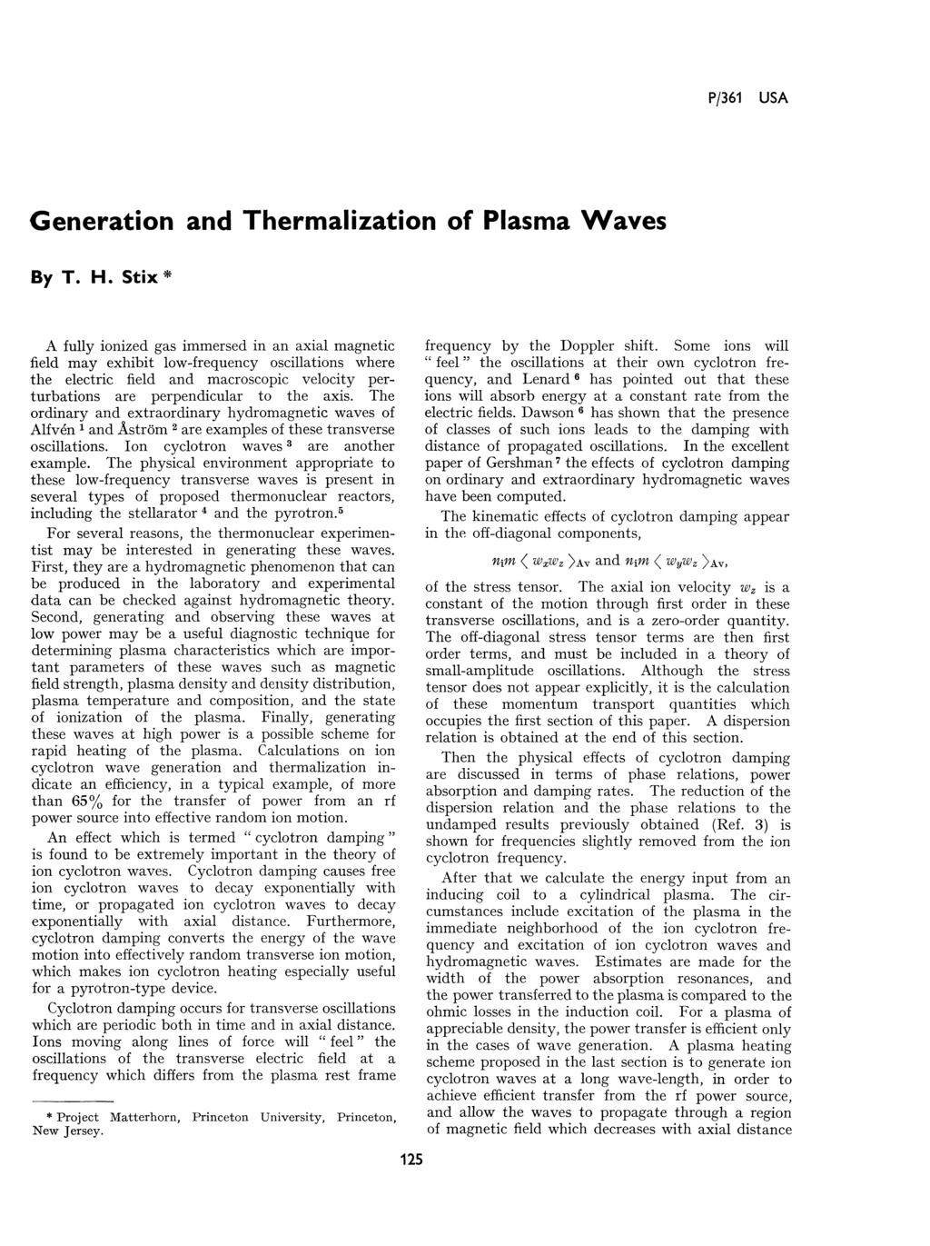 P/361 USA Generation and Thermalization of Plasma Waves By T. H.